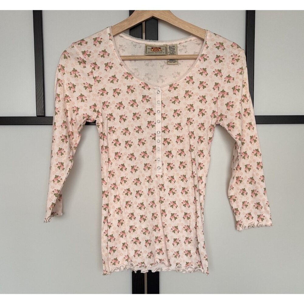 Y2K Route 66 Babydoll Henley Top Womens XS Floral Pink Soft Girl Preppy Coquette